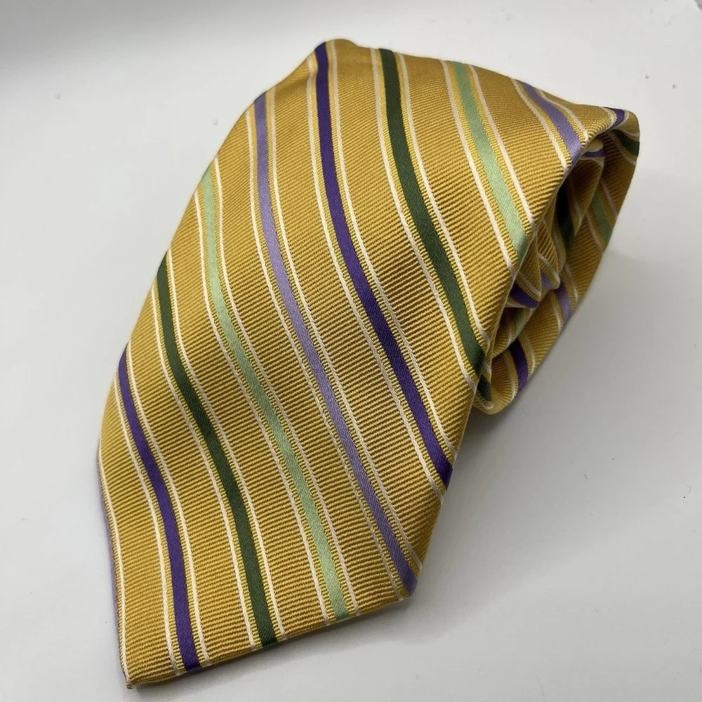Brooks Brothers Makers Mens Necktie Tie Yellow Green Purple‎ Striped 100% Silk